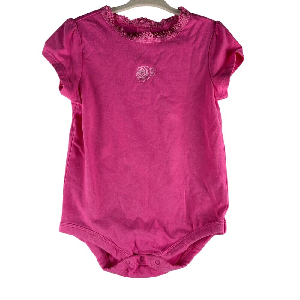 Faded Glory Bodysuit Onesie Baby Girls 24 Months Pink Lace Trim Floral Coquette